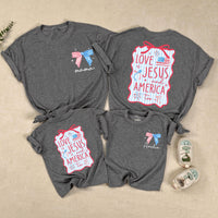 Personalized 4th of July Christian Family Shirts Custom Mama Baby Love Jesus America Outfit Red Wavy Design Matching Holiday Cotton Clothes