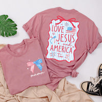 Personalized 4th of July Christian Family Shirts Custom Mama Baby Love Jesus America Outfit Red Wavy Design Matching Holiday Cotton Clothes