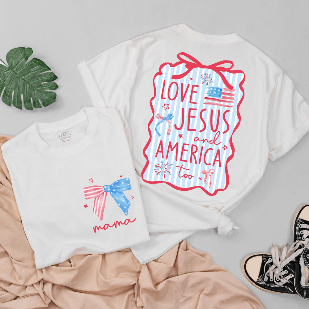 Personalized 4th of July Christian Family Shirts Custom Mama Baby Love Jesus America Outfit Red Wavy Design Matching Holiday Cotton Clothes