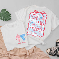 Personalized 4th of July Christian Family Shirts Custom Mama Baby Love Jesus America Outfit Red Wavy Design Matching Holiday Cotton Clothes