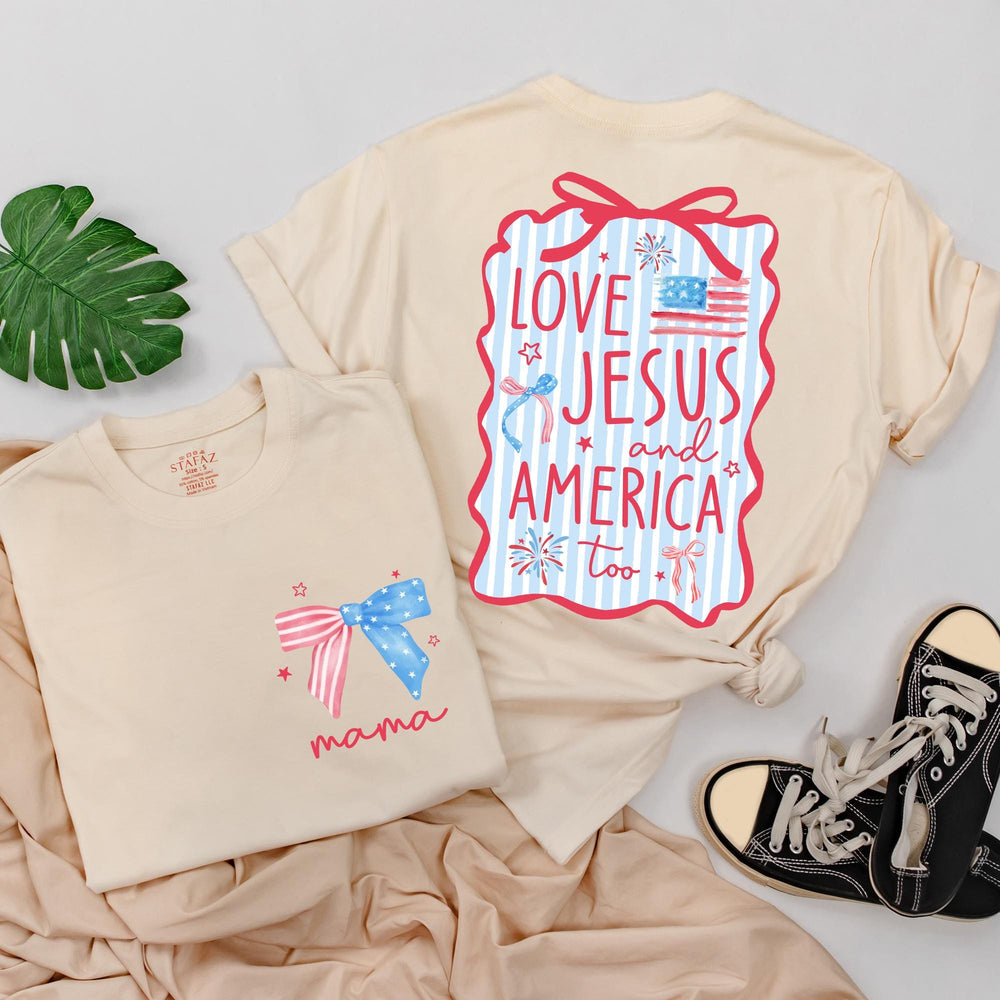 Personalized 4th of July Christian Family Shirts Custom Mama Baby Love Jesus America Outfit Red Wavy Design Matching Holiday Cotton Clothes