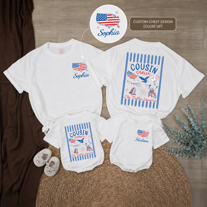 Personalized 4th of July Cousin Crew Shirts Custom Name Patriotic Family Matching Tee USA Red White Blue Outfit for Kids and Adults