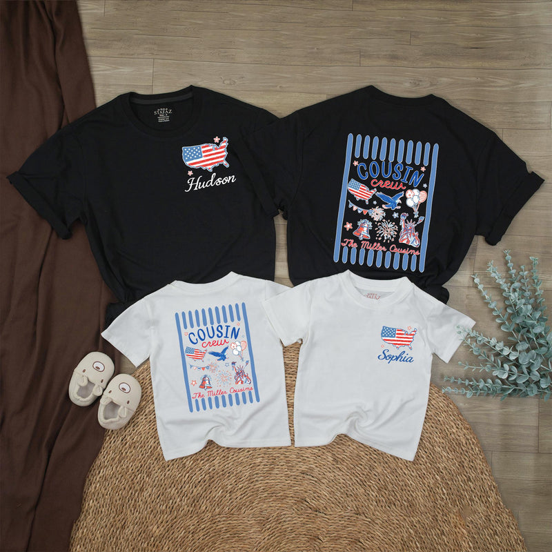 Personalized 4th of July Cousin Crew Shirts Custom Name Patriotic Family Matching Tee USA Red White Blue Outfit for Kids and Adults