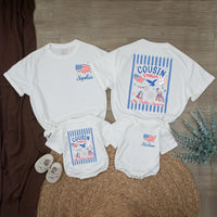Personalized 4th of July Cousin Crew Shirts Custom Name Patriotic Family Matching Tee USA Red White Blue Outfit for Kids and Adults