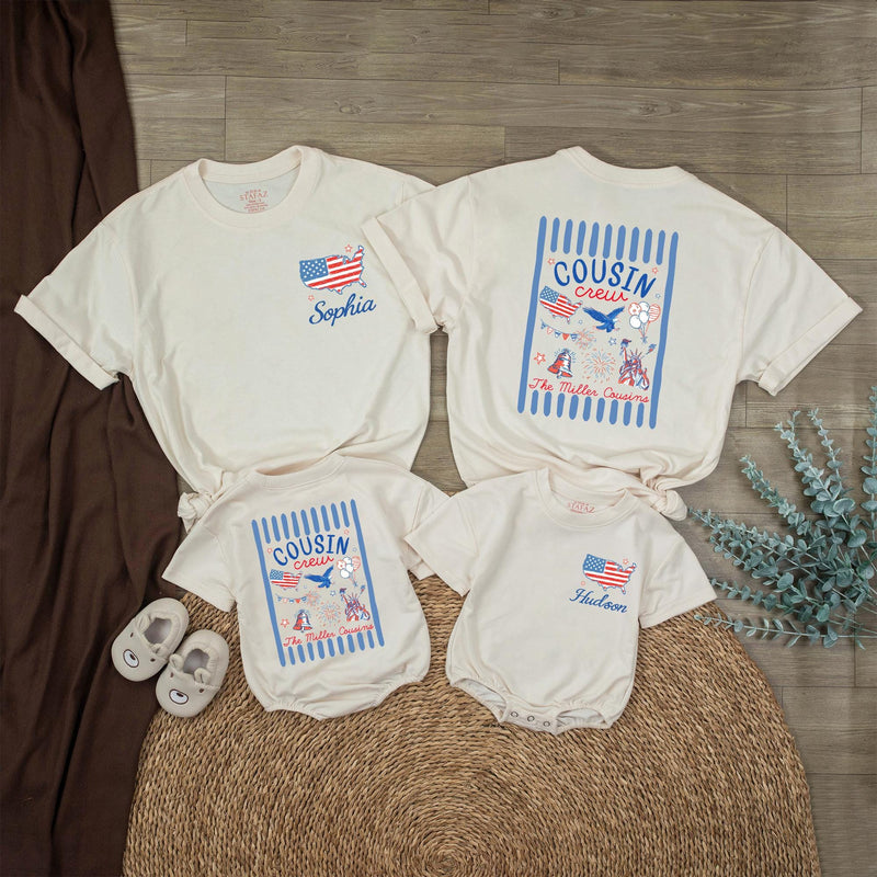 Personalized 4th of July Cousin Crew Shirts Custom Name Patriotic Family Matching Tee USA Red White Blue Outfit for Kids and Adults