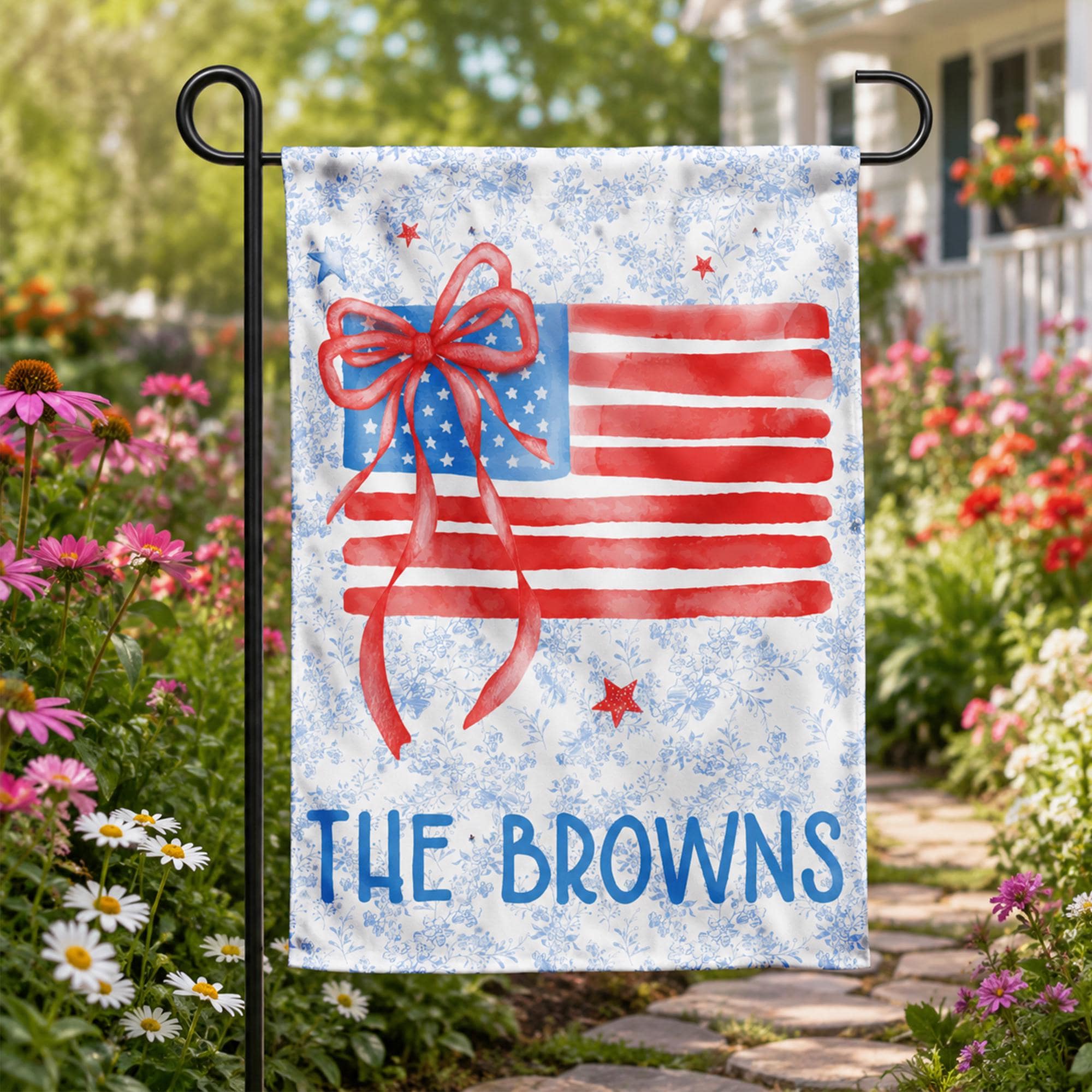 Personalized 4th of July Garden Flag with Watercolor American Flag Bow Design for Patriotic Outdoor Decor Custom Family Name Yard Banner