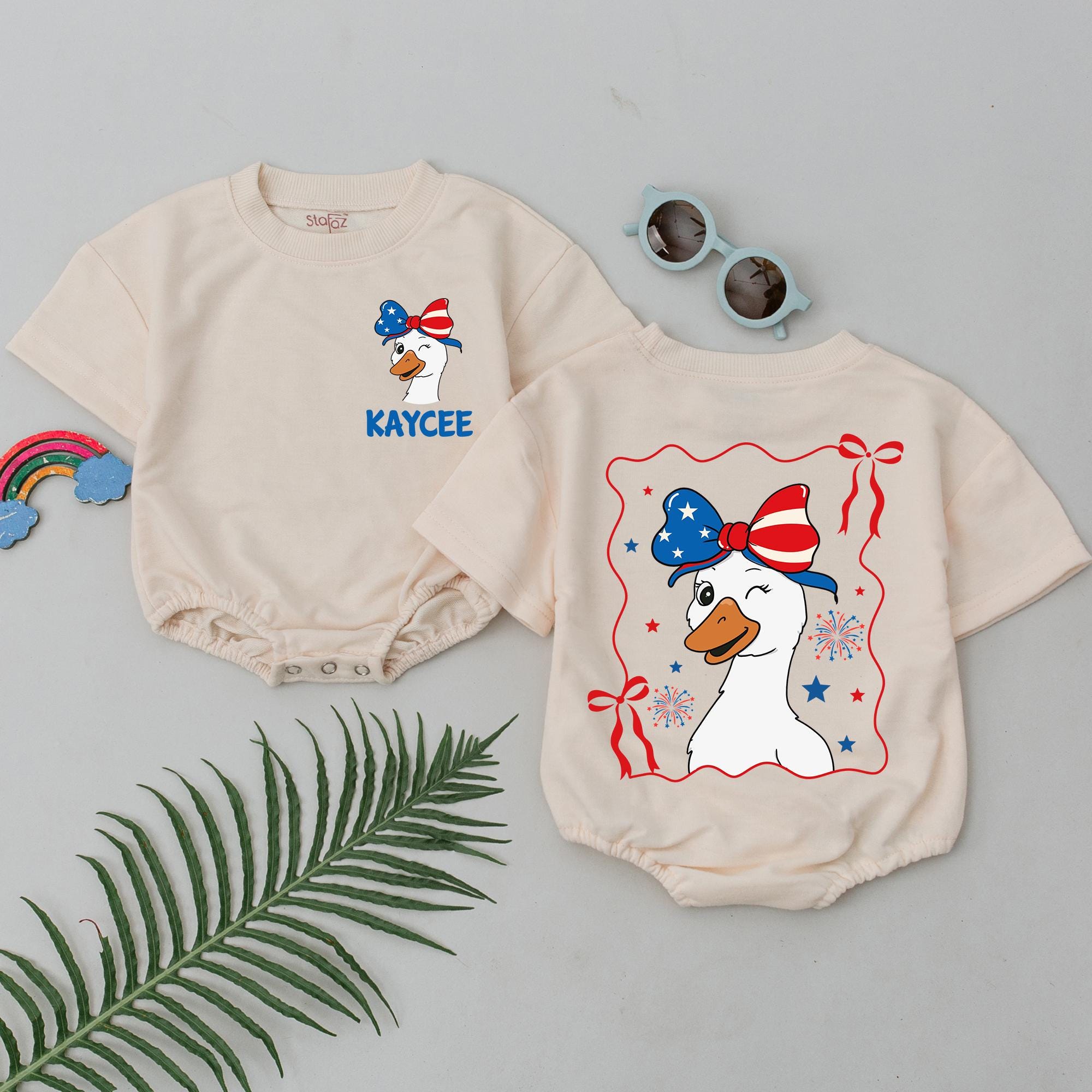 Personalized 4th of July Goose Baby Romper with Stars and Stripes Festive Outfit for Baby Girls Celebrating Independence Day