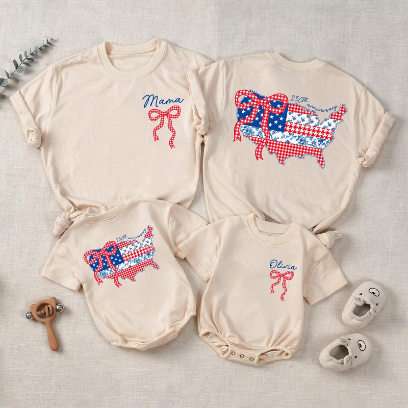 Personalized 4th of July Matching Shirts with USA Map and Bow Custom Baby and Mama Outfit Red White Blue Design Cotton Summer Style