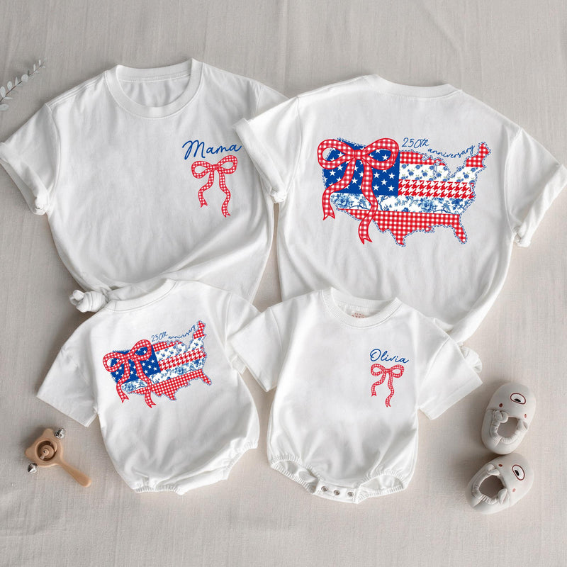 Personalized 4th of July Matching Shirts with USA Map and Bow Custom Baby and Mama Outfit Red White Blue Design Cotton Summer Style