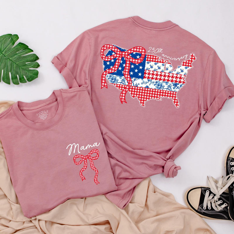 Personalized 4th of July Matching Shirts with USA Map and Bow Custom Baby and Mama Outfit Red White Blue Design Cotton Summer Style