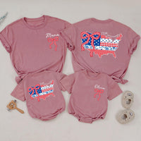 Personalized 4th of July Matching Shirts with USA Map and Bow Custom Baby and Mama Outfit Red White Blue Design Cotton Summer Style