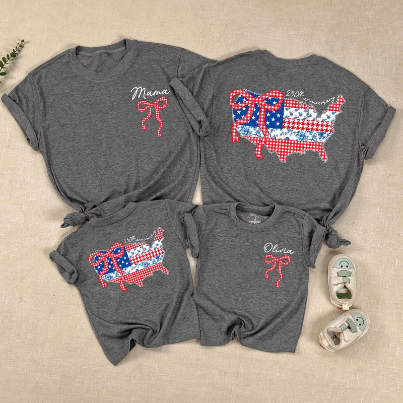Personalized 4th of July Matching Shirts with USA Map and Bow Custom Baby and Mama Outfit Red White Blue Design Cotton Summer Style