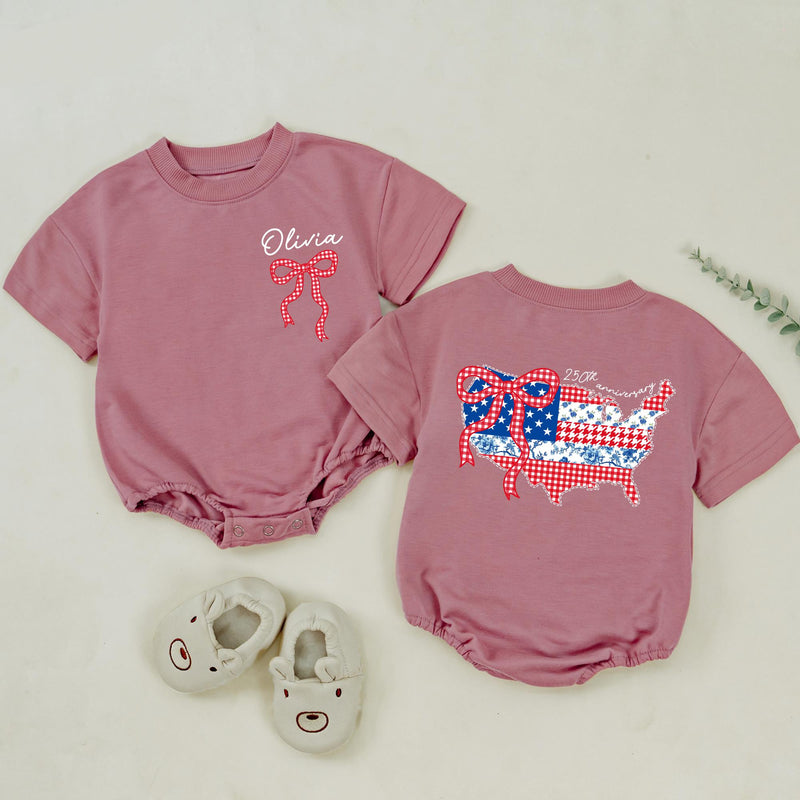 Personalized 4th of July Matching Shirts with USA Map and Bow Custom Baby and Mama Outfit Red White Blue Design Cotton Summer Style