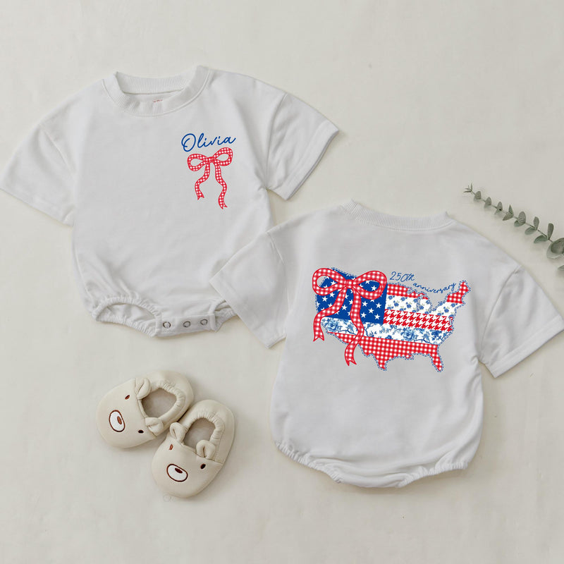 Personalized 4th of July Matching Shirts with USA Map and Bow Custom Baby and Mama Outfit Red White Blue Design Cotton Summer Style