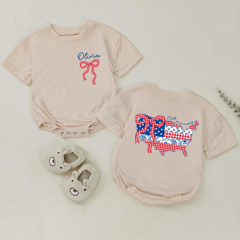 Personalized 4th of July Matching Shirts with USA Map and Bow Custom Baby and Mama Outfit Red White Blue Design Cotton Summer Style