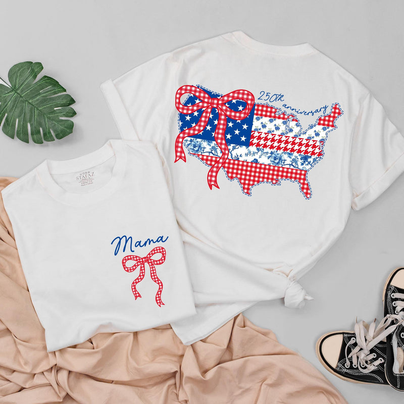Personalized 4th of July Matching Shirts with USA Map and Bow Custom Baby and Mama Outfit Red White Blue Design Cotton Summer Style