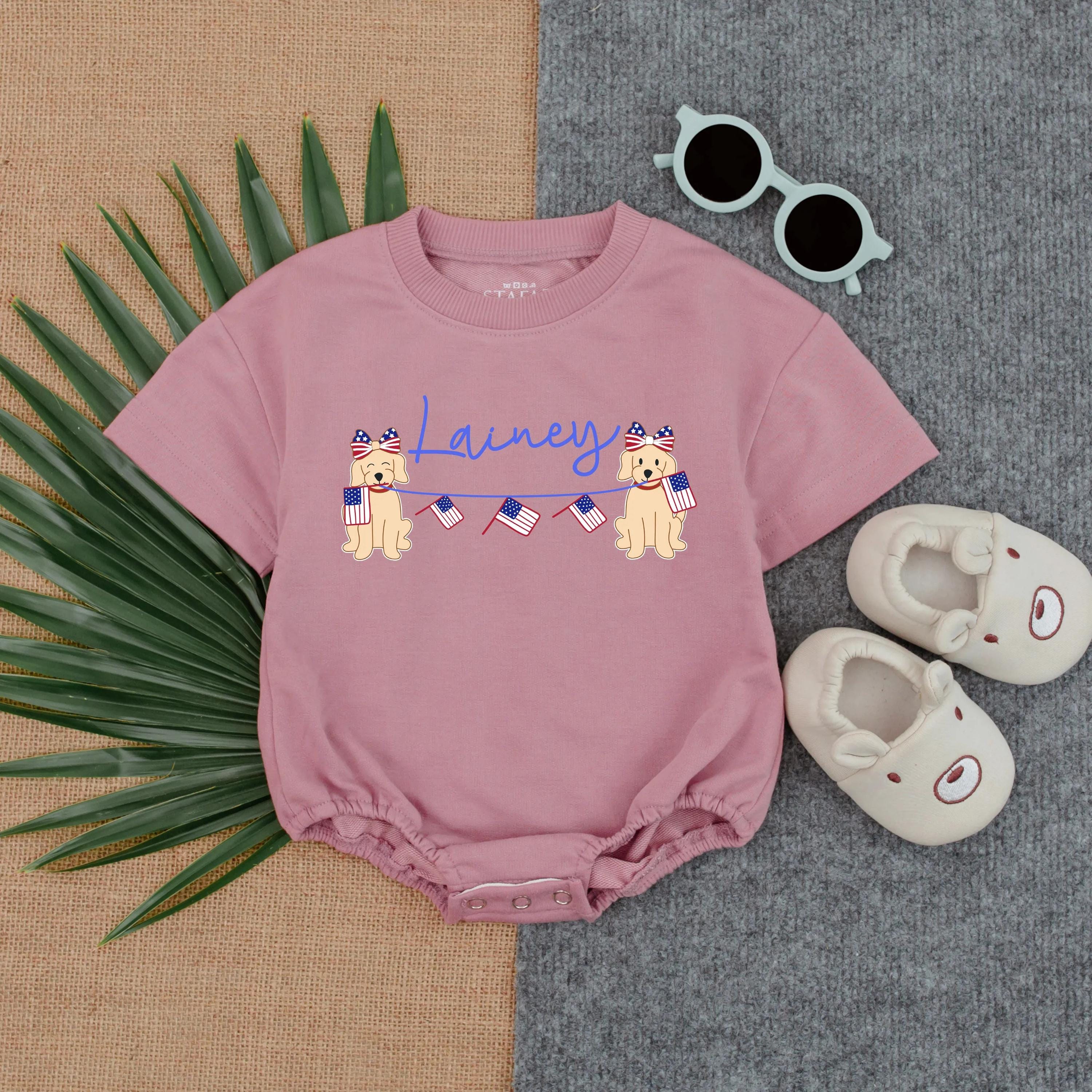 Personalized 4th of July Romper with Cute Puppies Red White Blue Design Patriotic Baby Outfit Ideal for Summer Toddler Gift