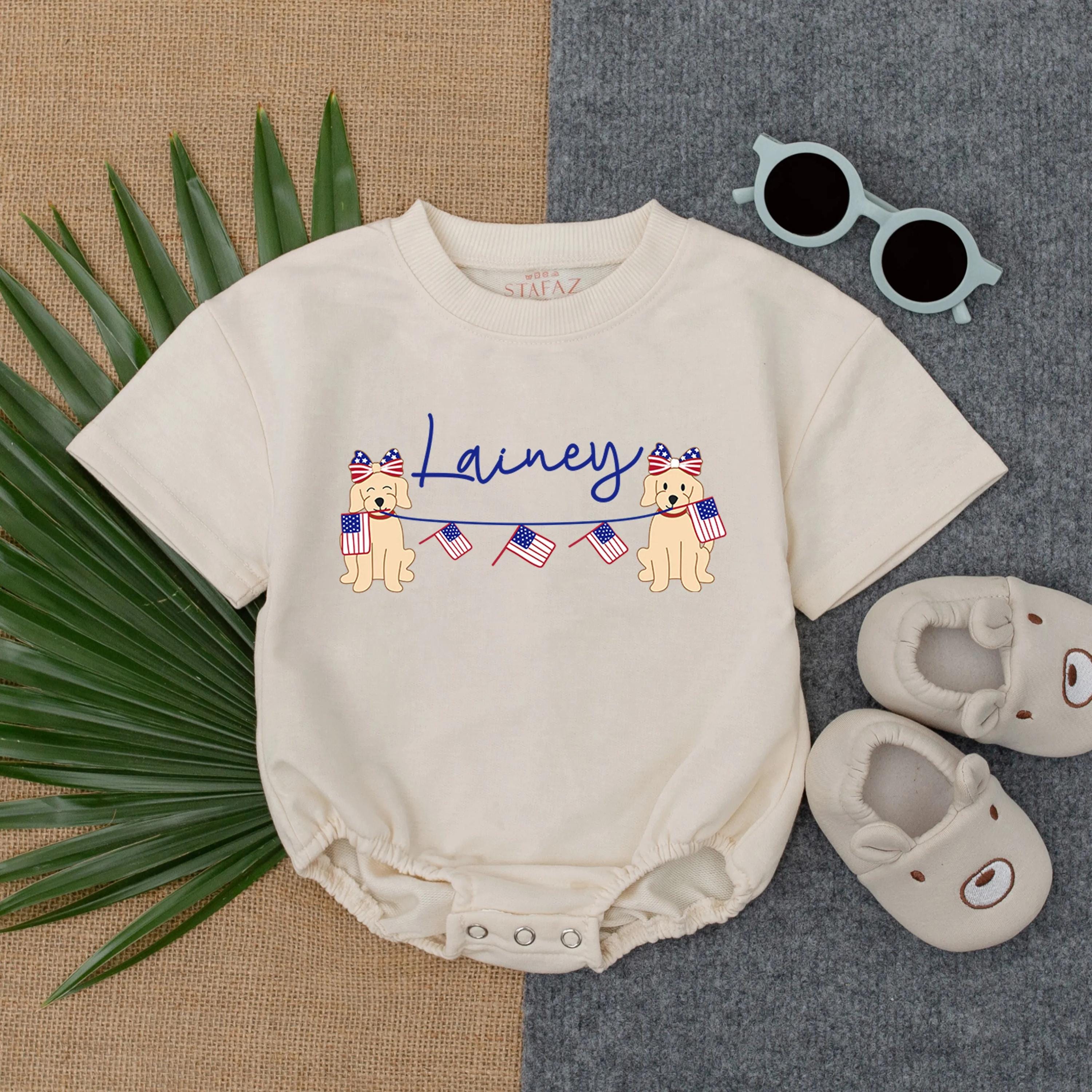 Personalized 4th of July Romper with Cute Puppies Red White Blue Design Patriotic Baby Outfit Ideal for Summer Toddler Gift
