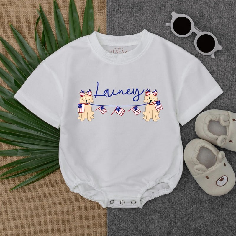 Personalized 4th of July Romper with Cute Puppies Red White Blue Design Patriotic Baby Outfit Ideal for Summer Toddler Gift
