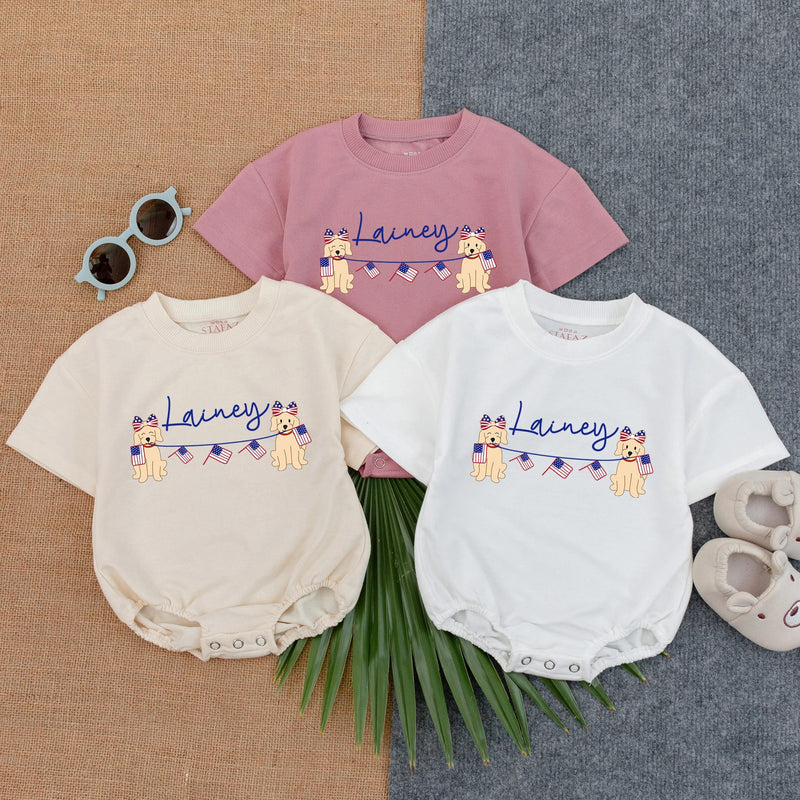 Personalized 4th of July Romper with Cute Puppies Red White Blue Design Patriotic Baby Outfit Ideal for Summer Toddler Gift