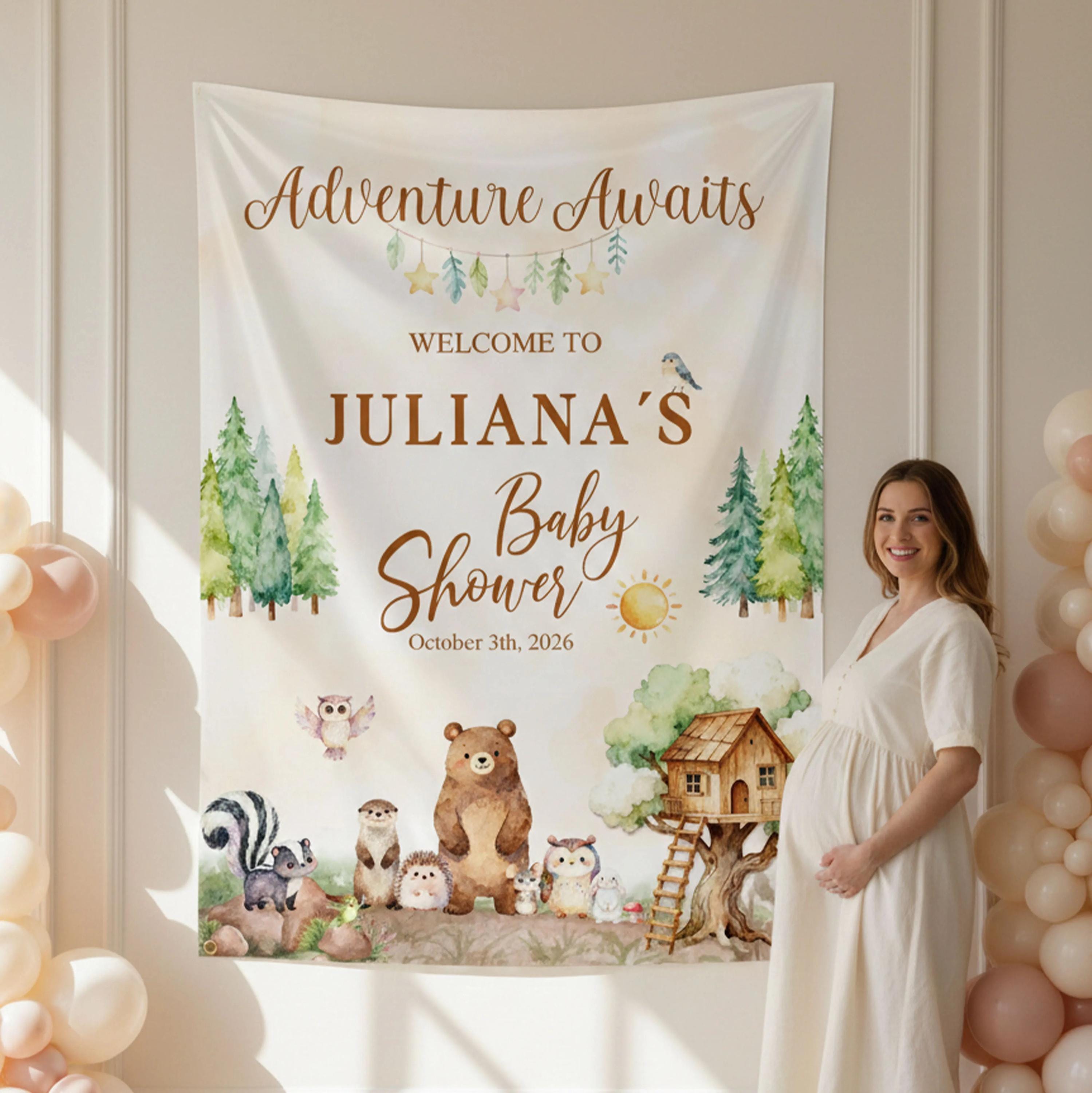 Personalized Adventure Awaits Baby Shower Banner with Woodland Animals Rustic Forest Theme Custom Name and Date Party Backdrop Decor
