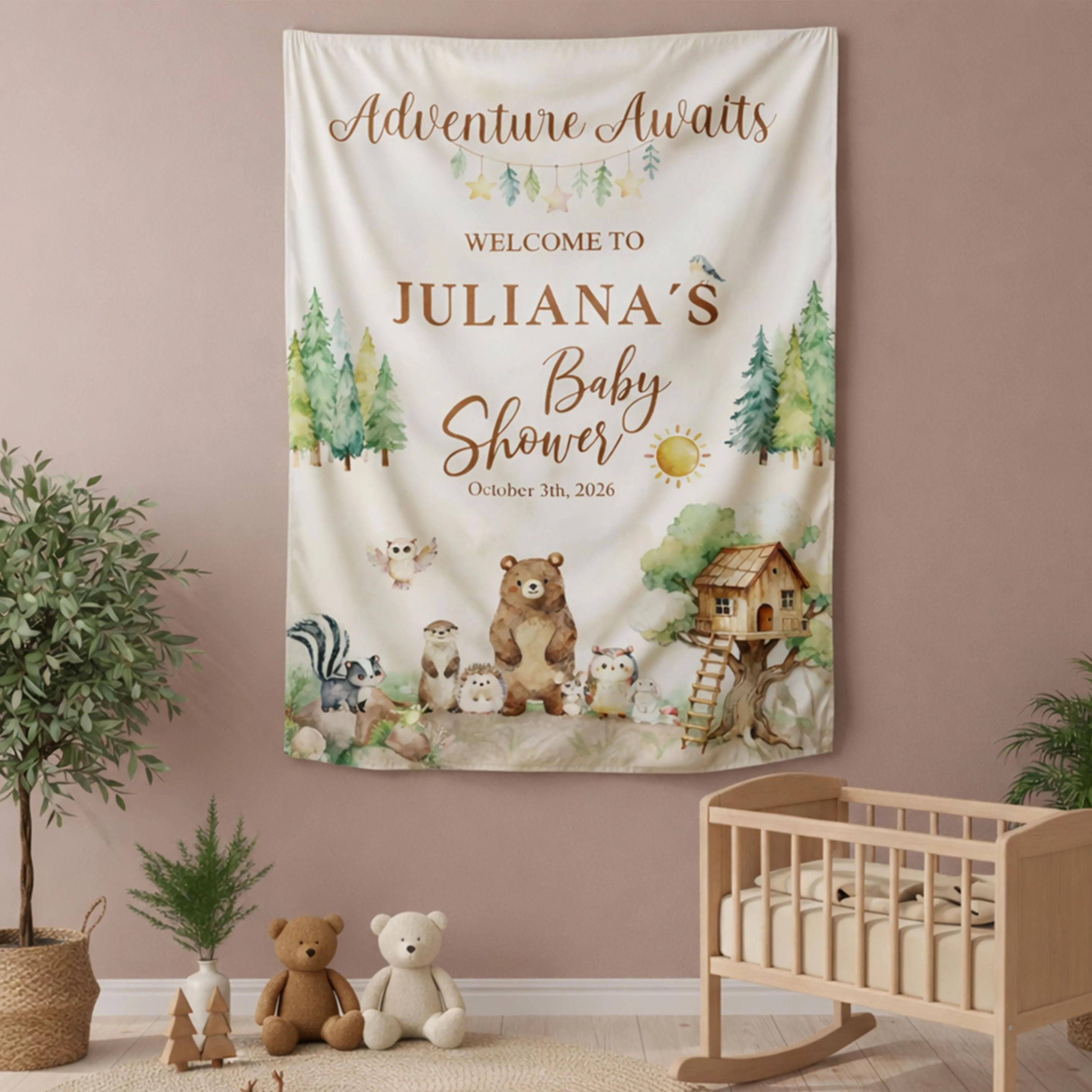 Personalized Adventure Awaits Baby Shower Banner with Woodland Animals Rustic Forest Theme Custom Name and Date Party Backdrop Decor