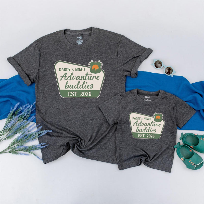Personalized Adventure Buddies Matching Shirts for Dad & Baby, Custom Name & Year Design, Soft Cotton Outfit, Perfect 1st Father's Day Gift