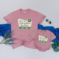 Personalized Adventure Buddies Matching Shirts for Dad & Baby, Custom Name & Year Design, Soft Cotton Outfit, Perfect 1st Father's Day Gift