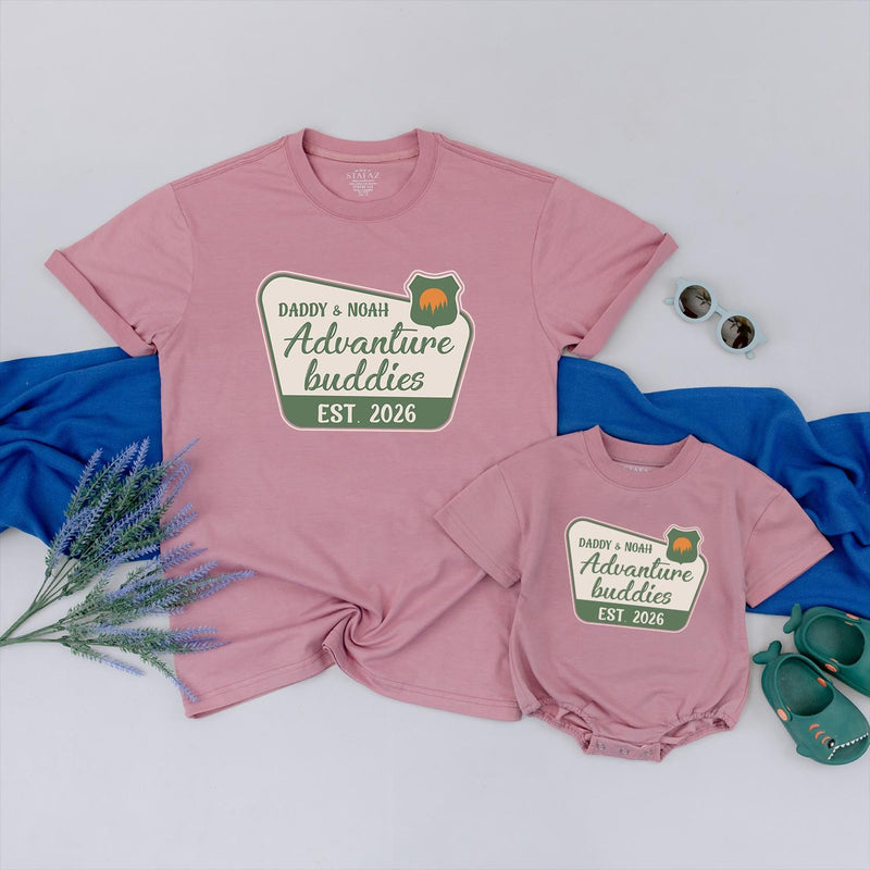 Personalized Adventure Buddies Matching Shirts for Dad & Baby, Custom Name & Year Design, Soft Cotton Outfit, Perfect 1st Father's Day Gift