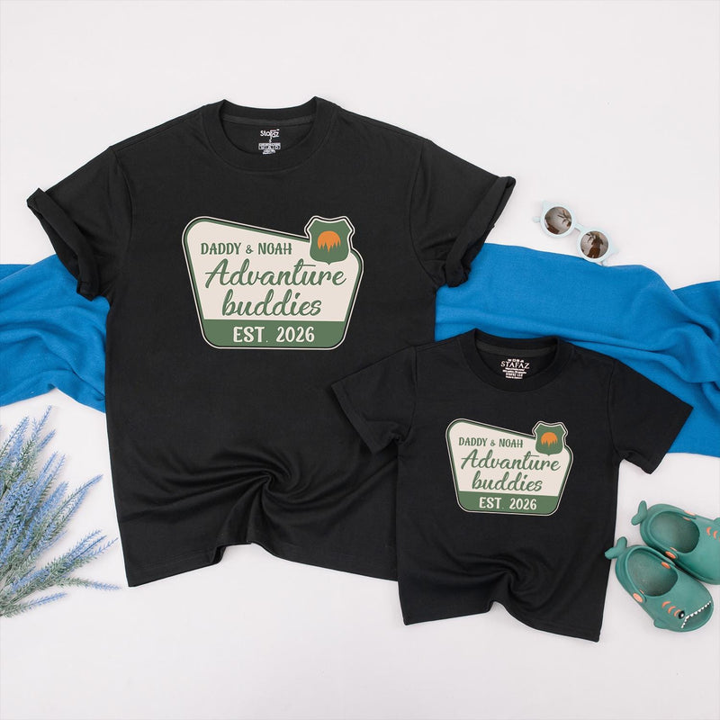Personalized Adventure Buddies Matching Shirts for Dad & Baby, Custom Name & Year Design, Soft Cotton Outfit, Perfect 1st Father's Day Gift