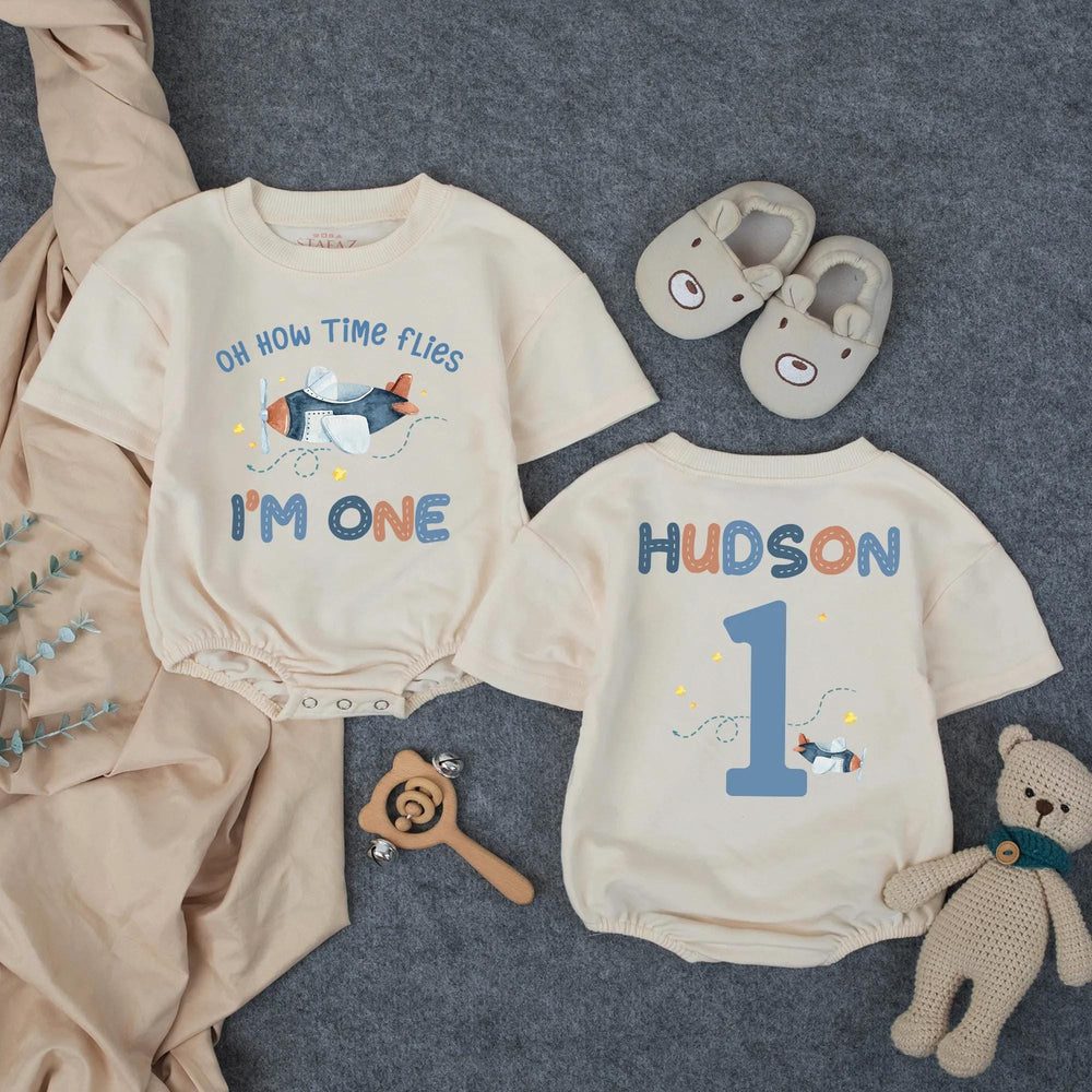 Personalized Airplane First Birthday Romper with Name, Oh How Time Flies Baby Party Outfit, Soft Cotton Toddler Celebration Gift