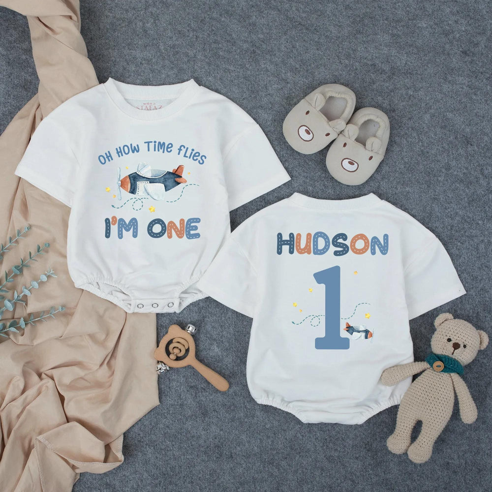 Personalized Airplane First Birthday Romper with Name, Oh How Time Flies Baby Party Outfit, Soft Cotton Toddler Celebration Gift