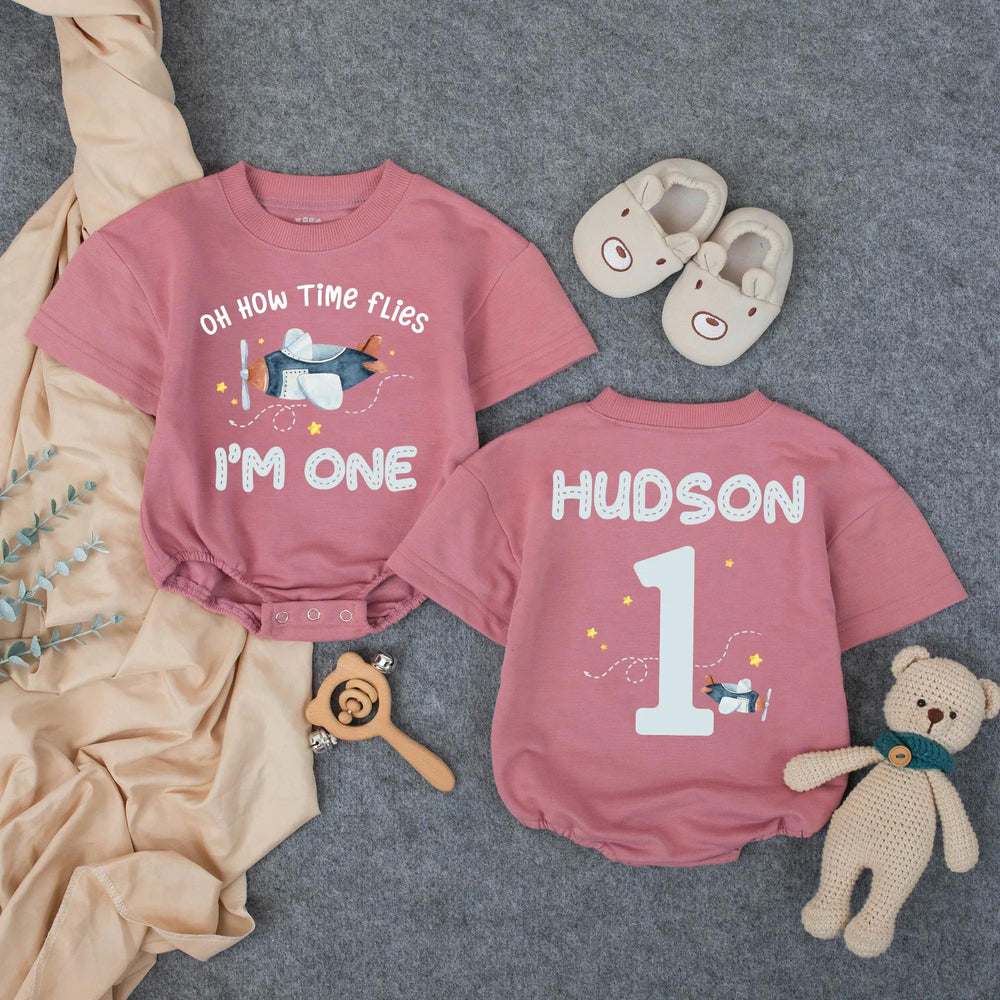 Personalized Airplane First Birthday Romper with Name, Oh How Time Flies Baby Party Outfit, Soft Cotton Toddler Celebration Gift