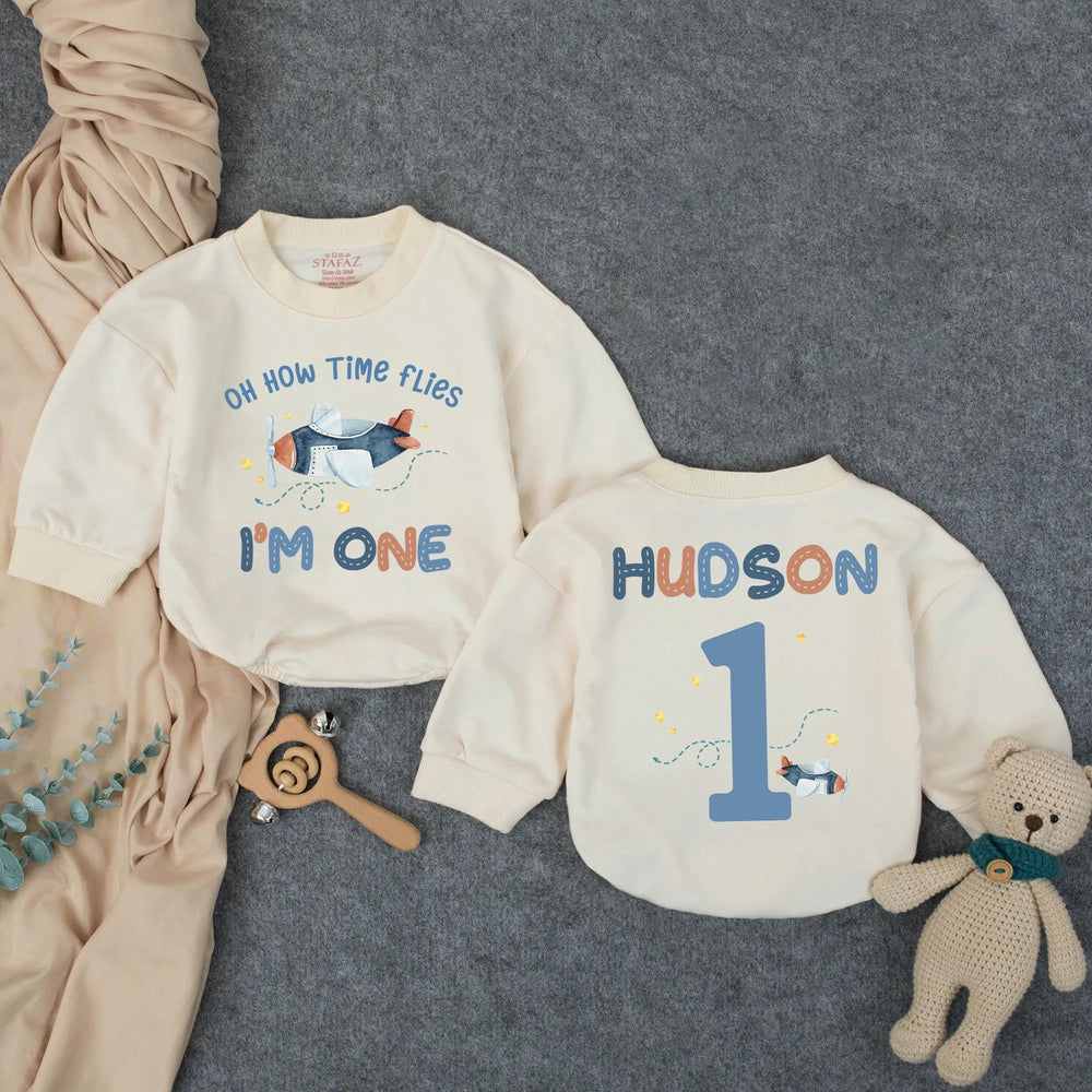 Personalized Airplane First Birthday Romper with Name, Oh How Time Flies Baby Party Outfit, Soft Cotton Toddler Celebration Gift