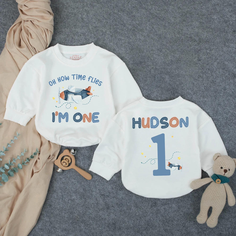Personalized Airplane First Birthday Romper with Name, Oh How Time Flies Baby Party Outfit, Soft Cotton Toddler Celebration Gift