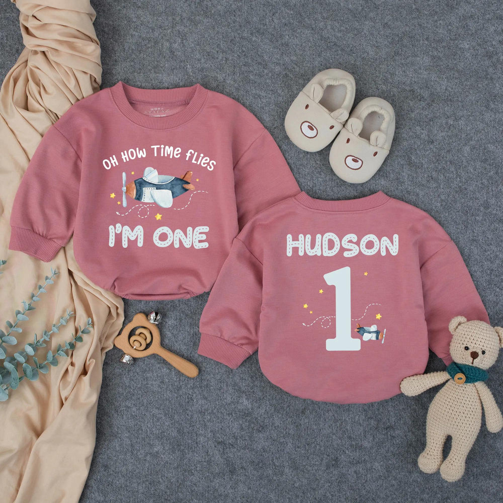 Personalized Airplane First Birthday Romper with Name, Oh How Time Flies Baby Party Outfit, Soft Cotton Toddler Celebration Gift