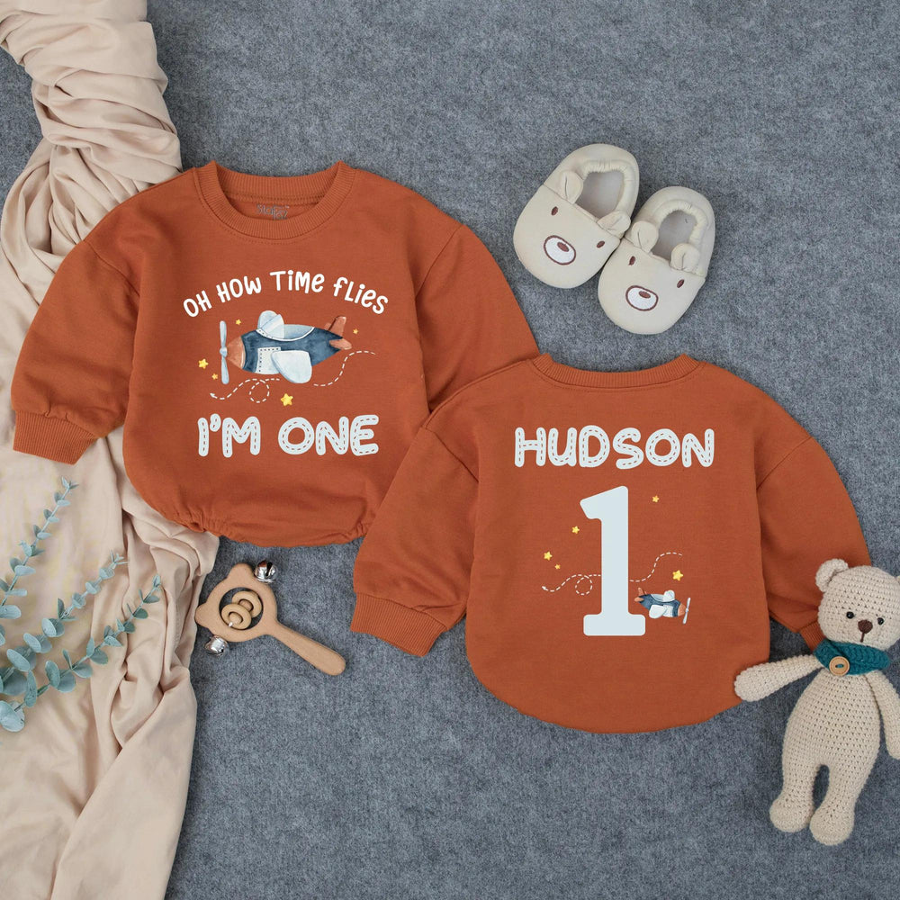 Personalized Airplane First Birthday Romper with Name, Oh How Time Flies Baby Party Outfit, Soft Cotton Toddler Celebration Gift