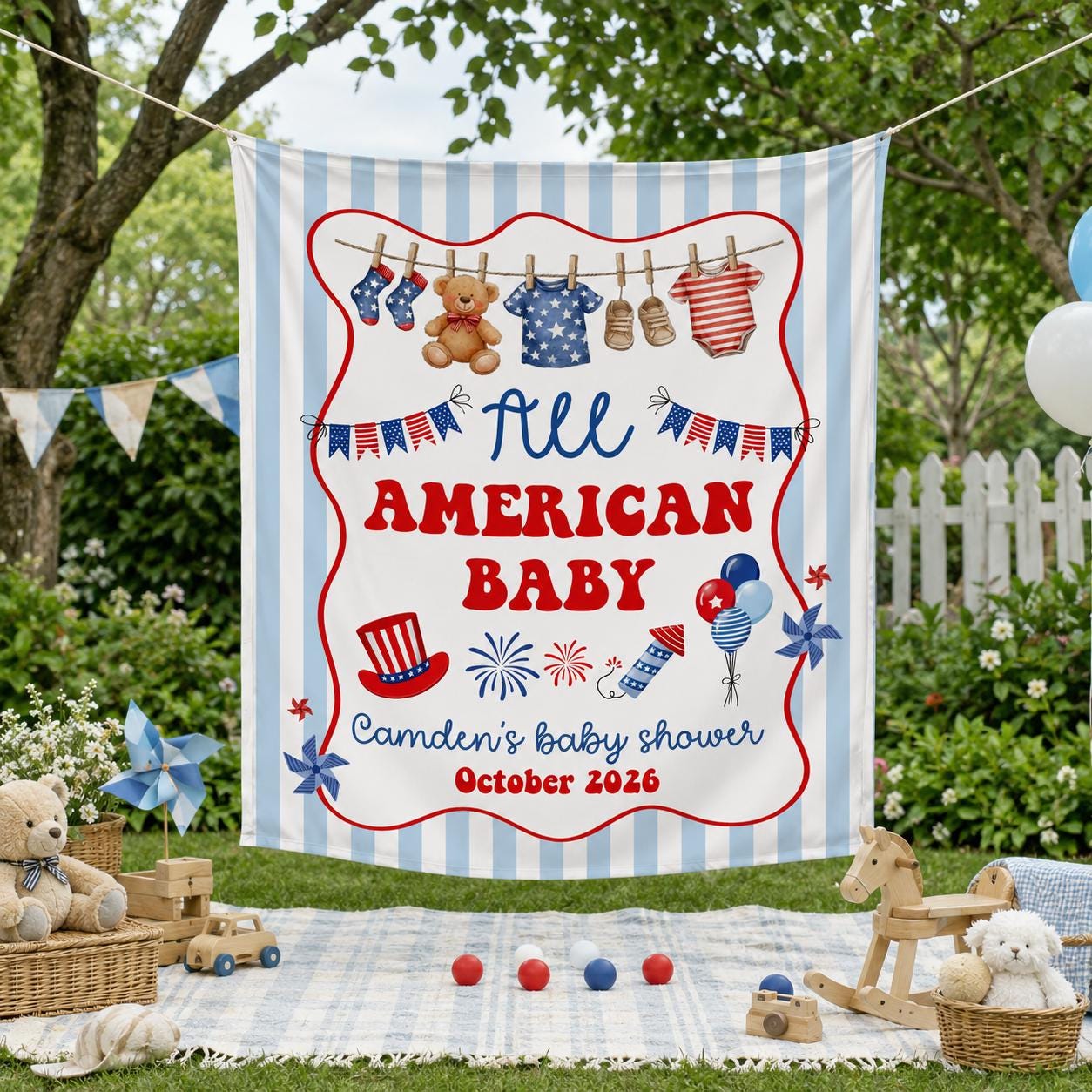 Personalized All American Baby Shower Banner with Red and White Stripes, Custom USA Backdrop for Fourth of July or Patriotic Party Decor