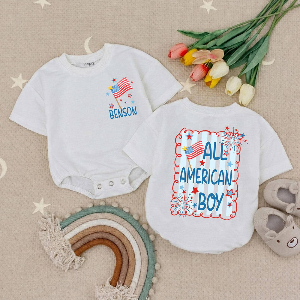 Personalized All American Boy Baby Romper 4th of July Outfit with Red White Blue Stars Fireworks Design Holiday Gift Toddler Clothes