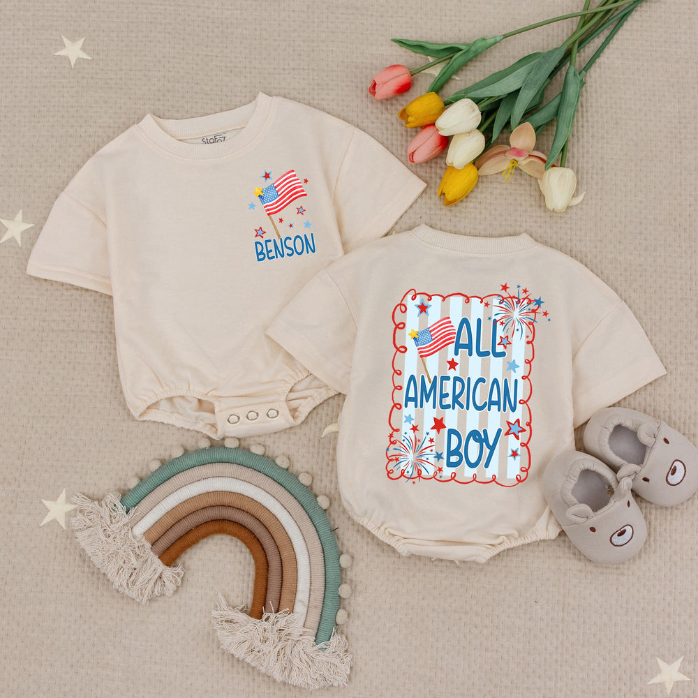 Personalized All American Boy Baby Romper 4th of July Outfit with Red White Blue Stars Fireworks Design Holiday Gift Toddler Clothes