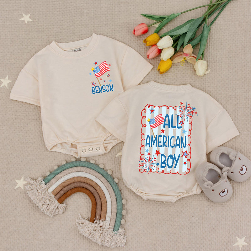 Personalized All American Boy Baby Romper 4th of July Outfit with Red White Blue Stars Fireworks Design Holiday Gift Toddler Clothes