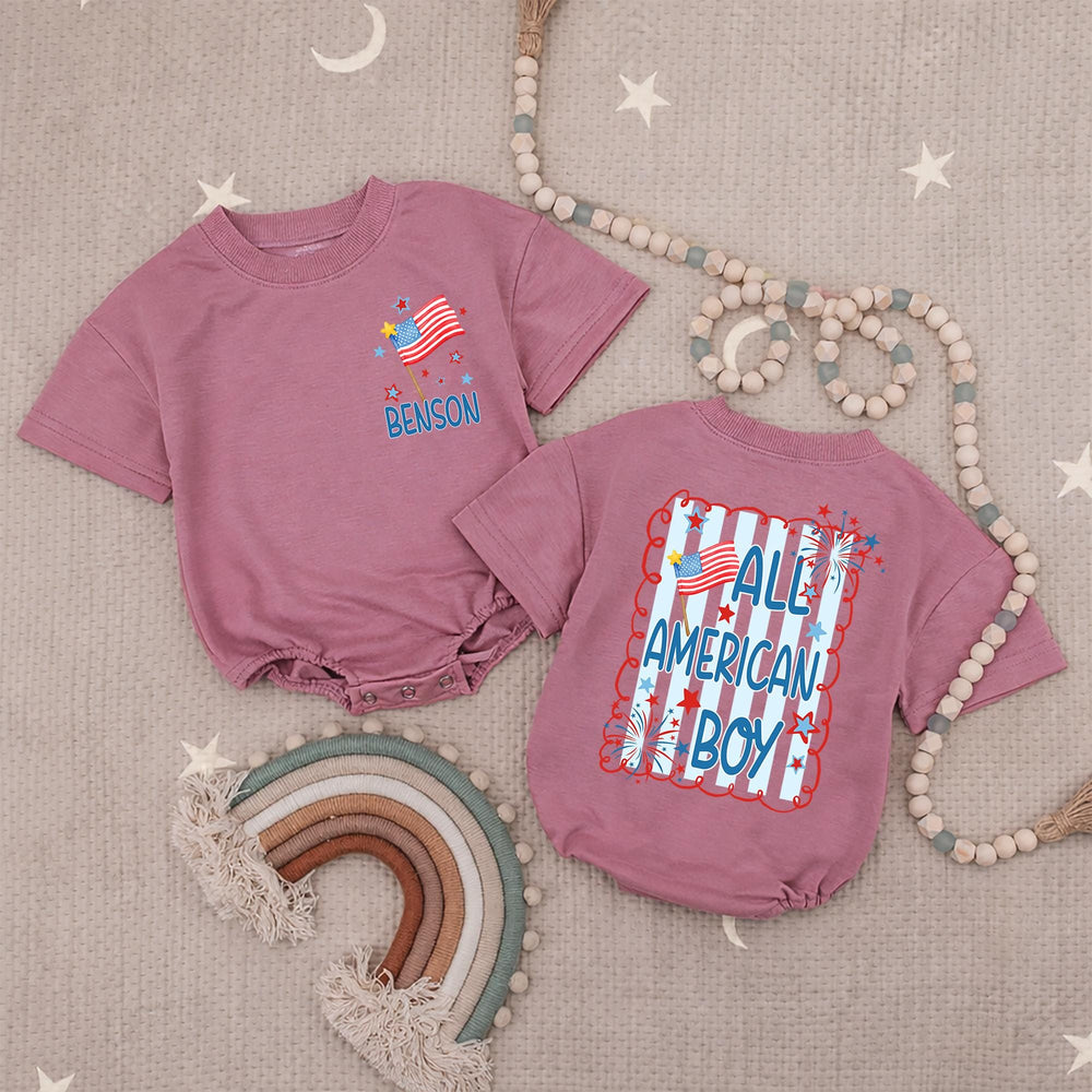 Personalized All American Boy Baby Romper 4th of July Outfit with Red White Blue Stars Fireworks Design Holiday Gift Toddler Clothes