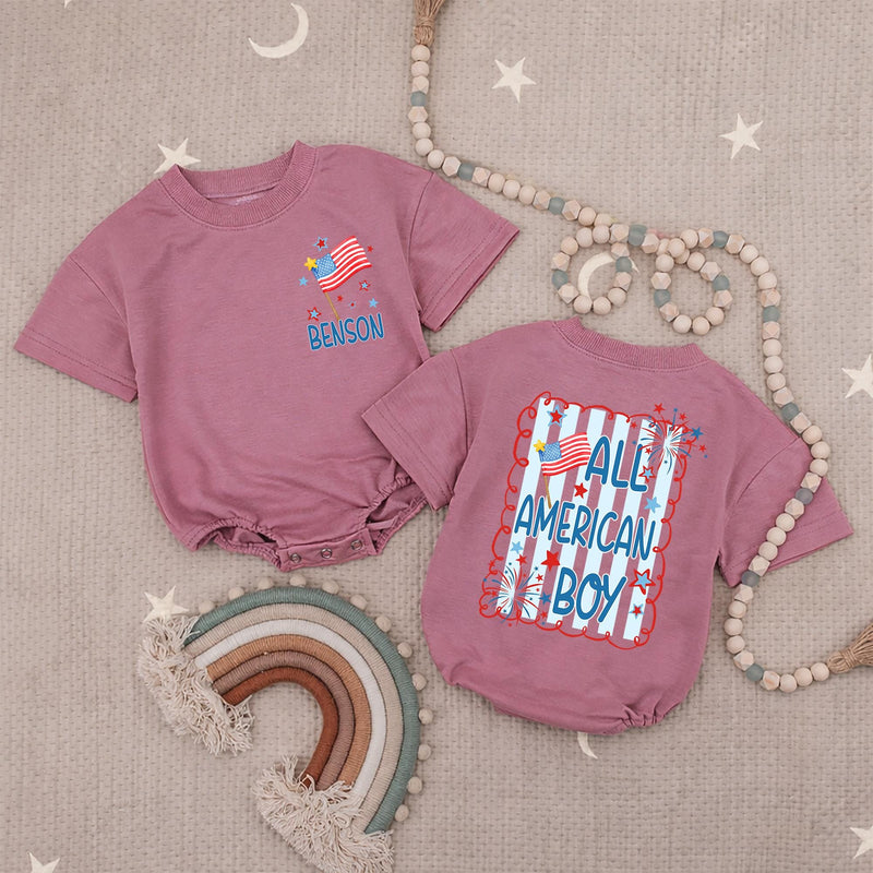 Personalized All American Boy Baby Romper 4th of July Outfit with Red White Blue Stars Fireworks Design Holiday Gift Toddler Clothes