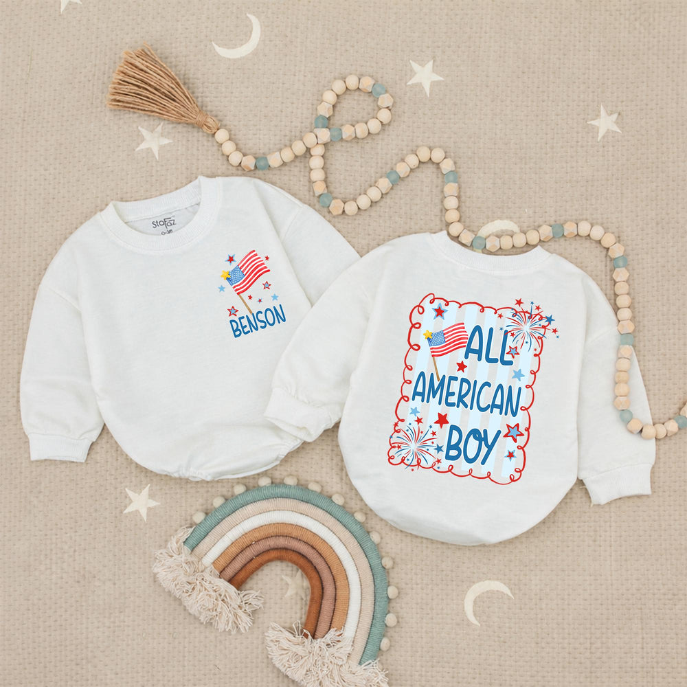 Personalized All American Boy Baby Romper 4th of July Outfit with Red White Blue Stars Fireworks Design Holiday Gift Toddler Clothes
