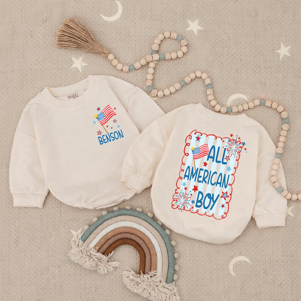 Personalized All American Boy Baby Romper 4th of July Outfit with Red White Blue Stars Fireworks Design Holiday Gift Toddler Clothes
