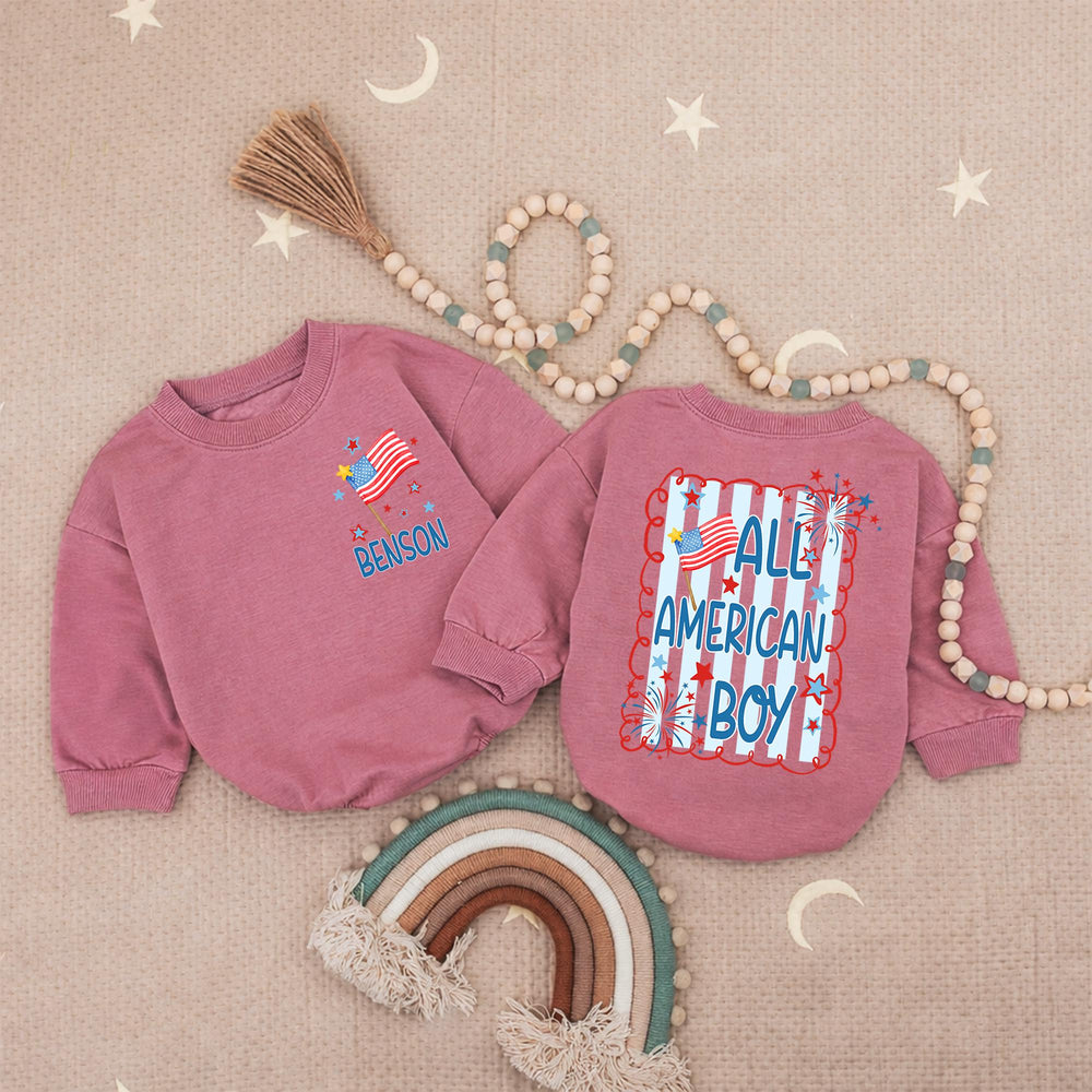 Personalized All American Boy Baby Romper 4th of July Outfit with Red White Blue Stars Fireworks Design Holiday Gift Toddler Clothes