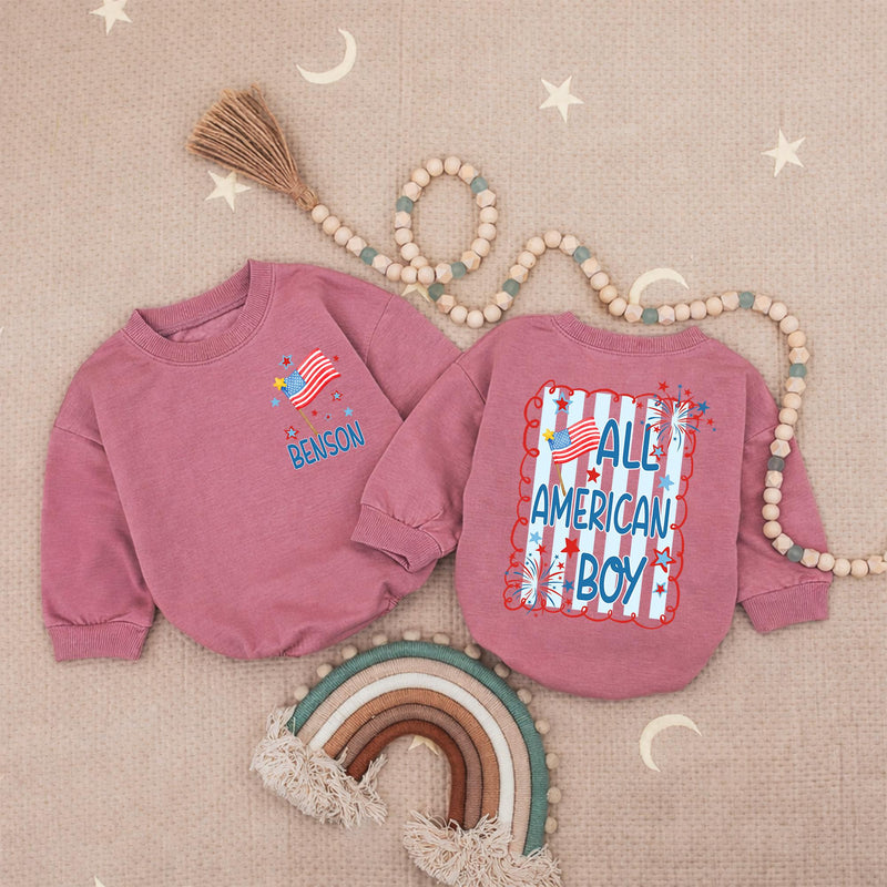 Personalized All American Boy Baby Romper 4th of July Outfit with Red White Blue Stars Fireworks Design Holiday Gift Toddler Clothes