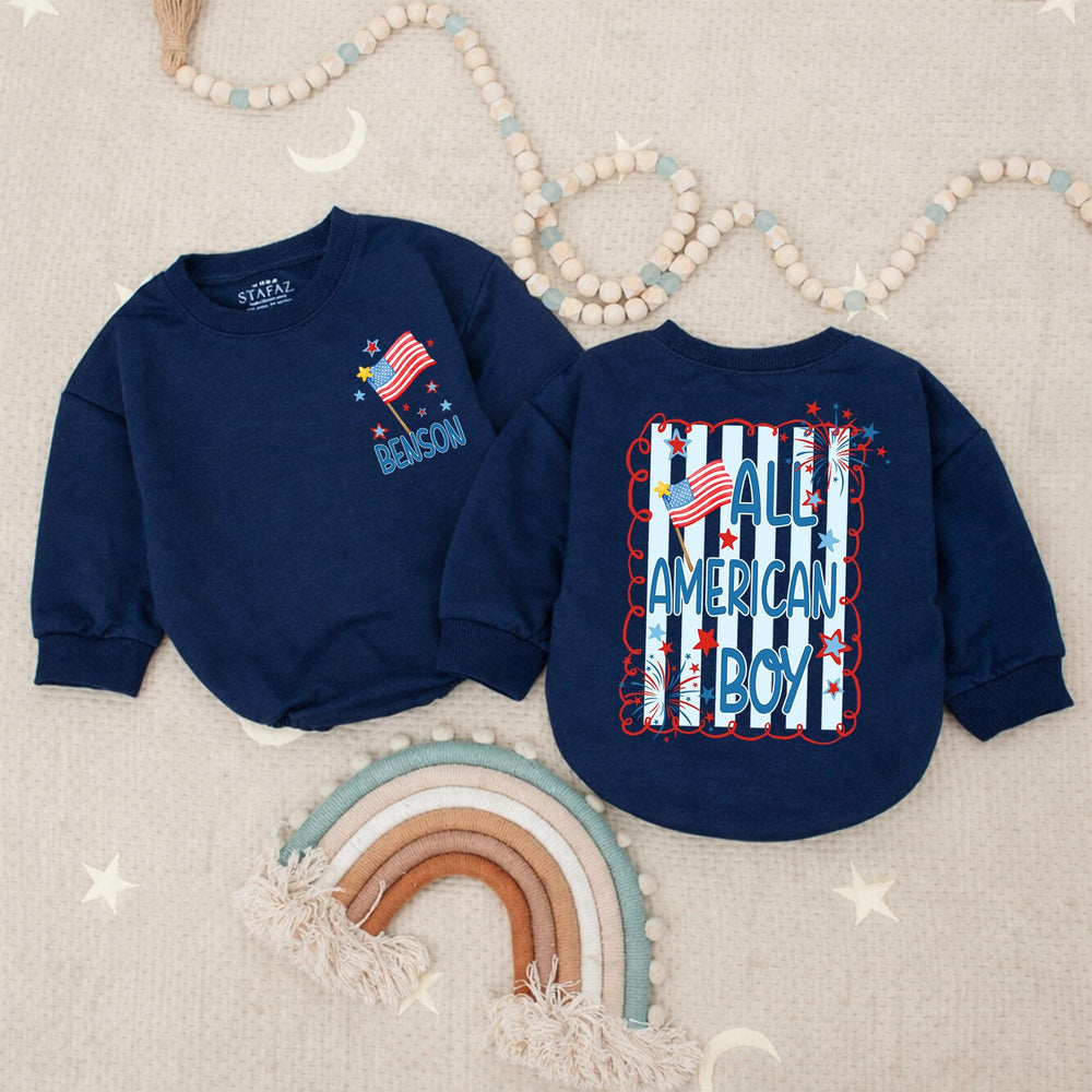 Personalized All American Boy Baby Romper 4th of July Outfit with Red White Blue Stars Fireworks Design Holiday Gift Toddler Clothes