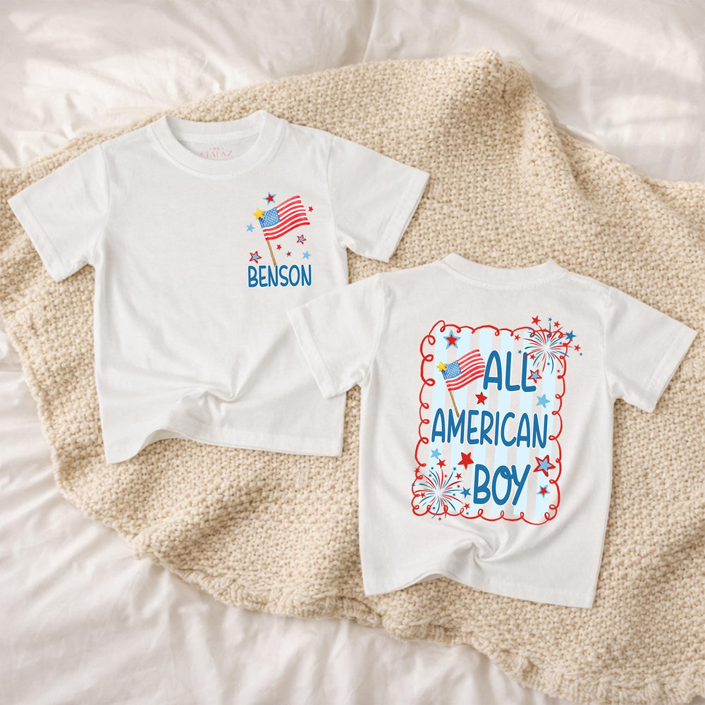 Personalized All American Boy Baby Romper 4th of July Outfit with Red White Blue Stars Fireworks Design Holiday Gift Toddler Clothes