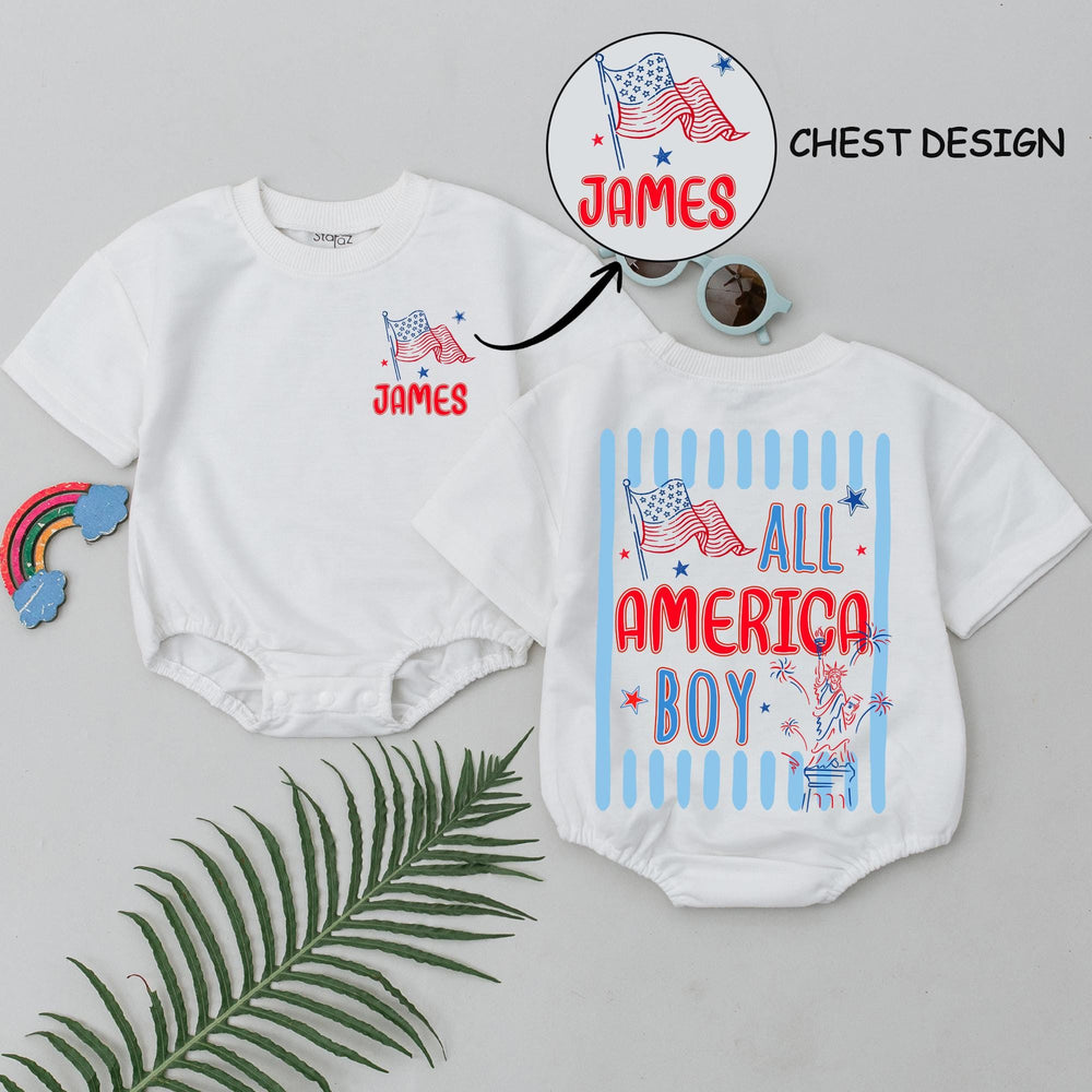 Personalized All American Boy Baby Romper, Red White Blue 4th of July Outfit, Patriotic Infant Toddler Bubble Romper with Name James